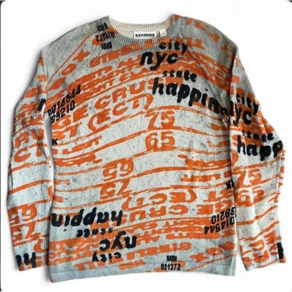Express City Spray Paint Y2K Sweater Men’s S Long Sleeve Abstract Japan AOP